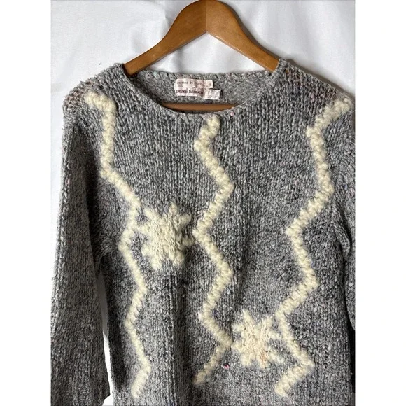 Vtg Lauren Hansen‎ Women L Chunky Hand Knit Wool Sweater Gray 3/4 Sleeve - Picture 2 of 9